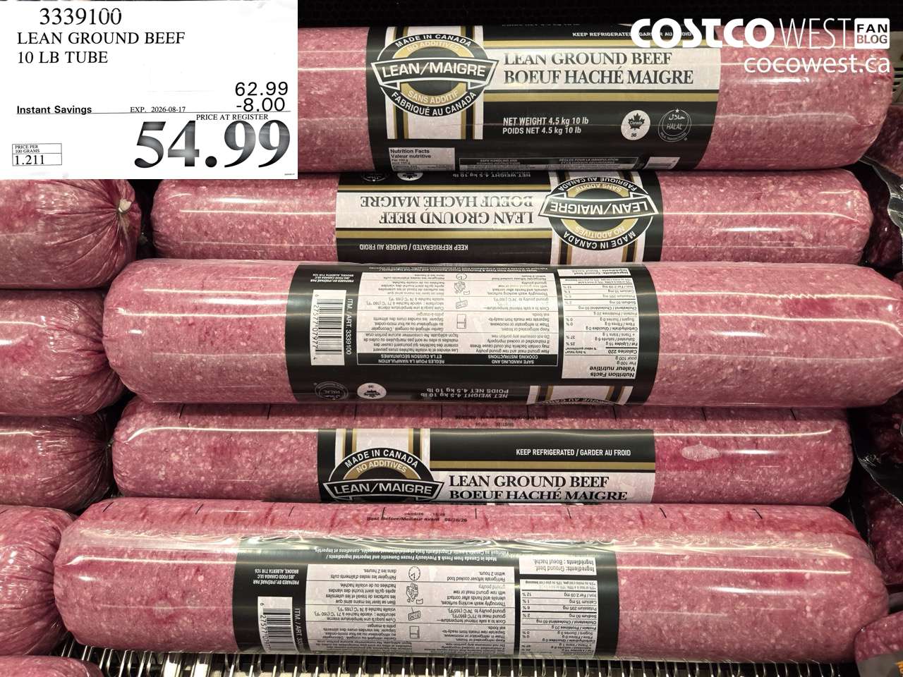 3339100 LEAN GROUND BEEF 10 LB TUBE ($8.00 INSTANT SAVINGS EXPIRES ON 2026-08-17) $54.99