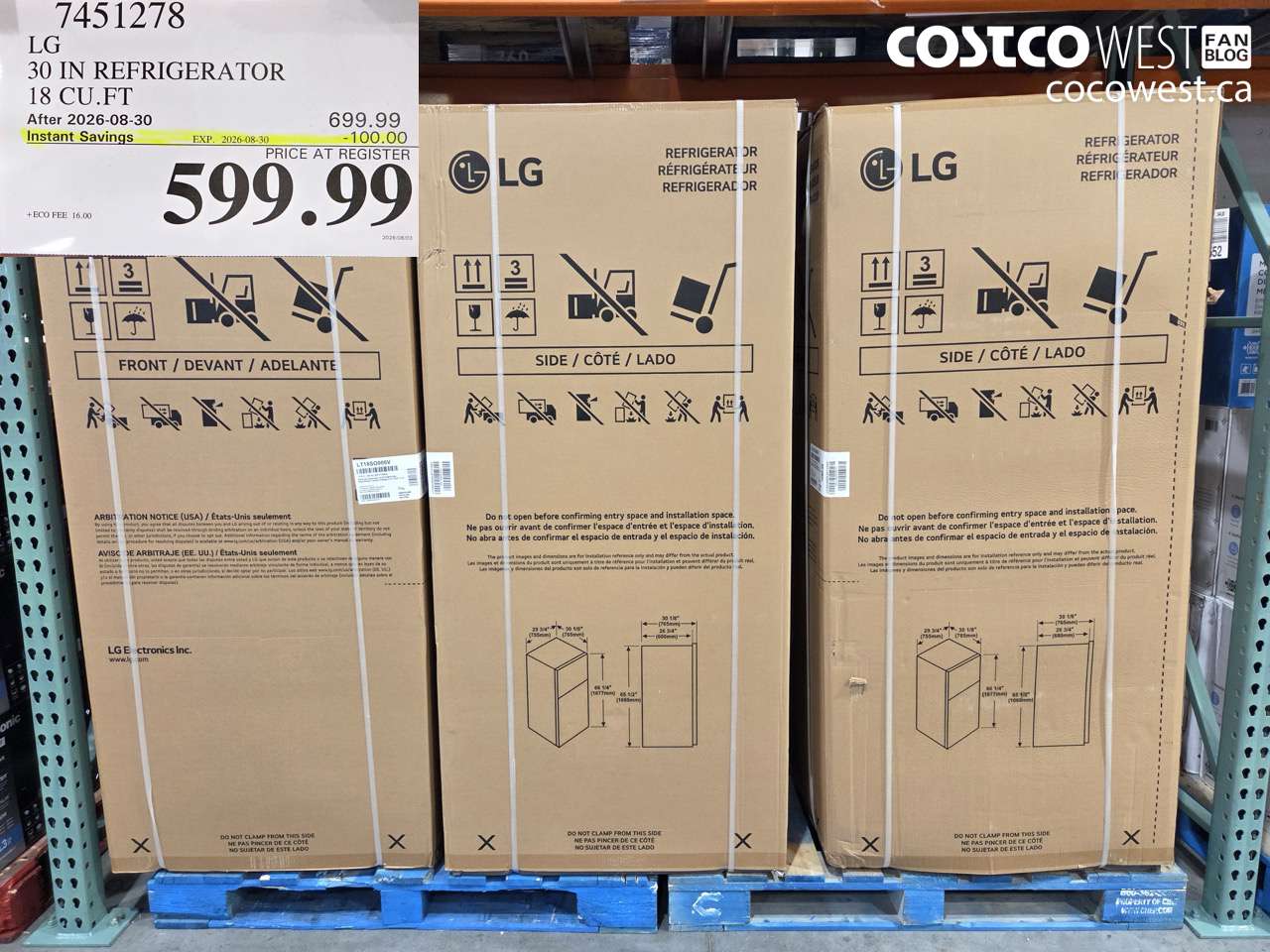 7451278 LG 30 IN REFRIGERATOR 18 CU.FT ($100.00 INSTANT SAVINGS EXPIRES ON 2026-08-30) $599.99