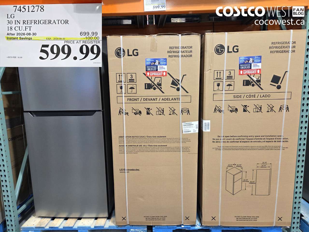 7451278 LG 30 IN REFRIGERATOR 18 CU.FT ($100.00 INSTANT SAVINGS EXPIRES ON 2026-08-30) $599.99