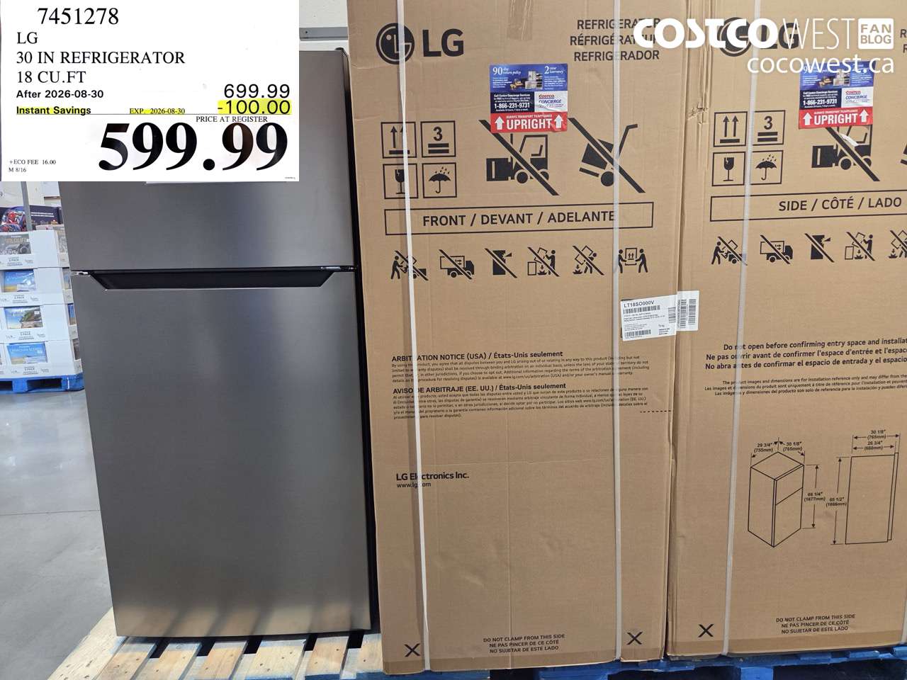 7451278 LG 30 IN REFRIGERATOR 18 CU.FT ($100.00 INSTANT SAVINGS EXPIRES ON 2026-08-30) $599.99