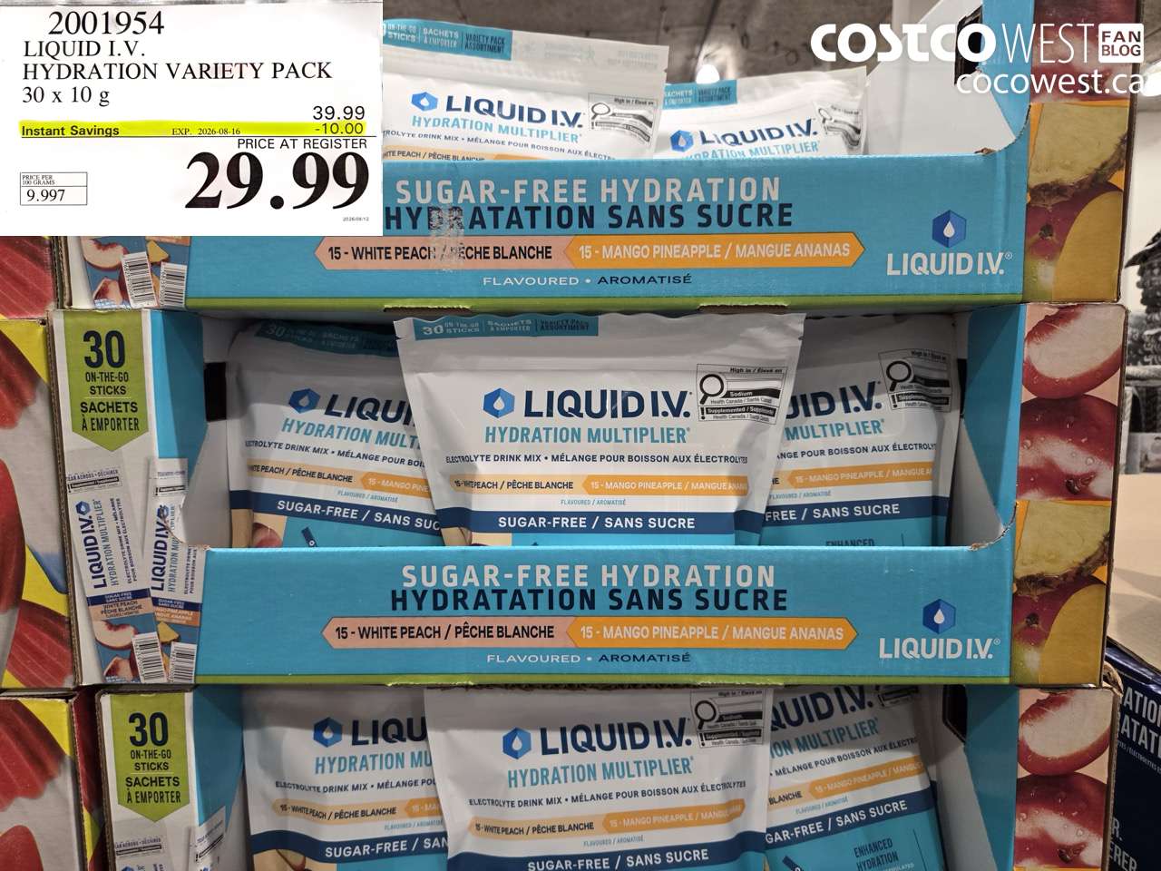 2001954 LIQUID I.V. HYDRATION VARIETY PACK 30 X 10 G ($10.00 INSTANT SAVINGS EXPIRES ON 2026-08-16) $29.99