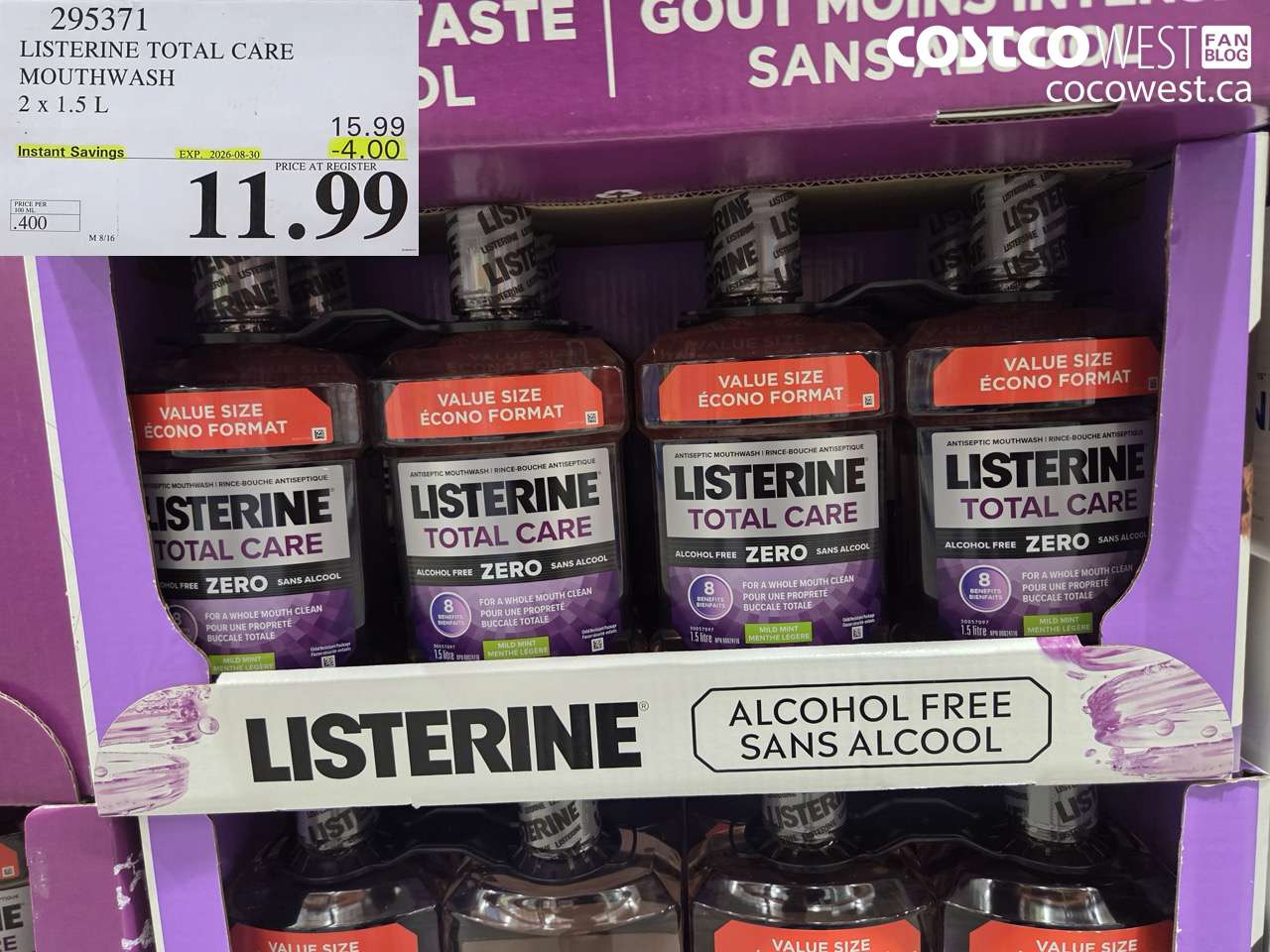 295371 LISTERINE TOTAL CARE MOUTHWASH 2 X 1.5 L ($4.00 INSTANT SAVINGS EXPIRES ON 2026-08-30) $11.99
