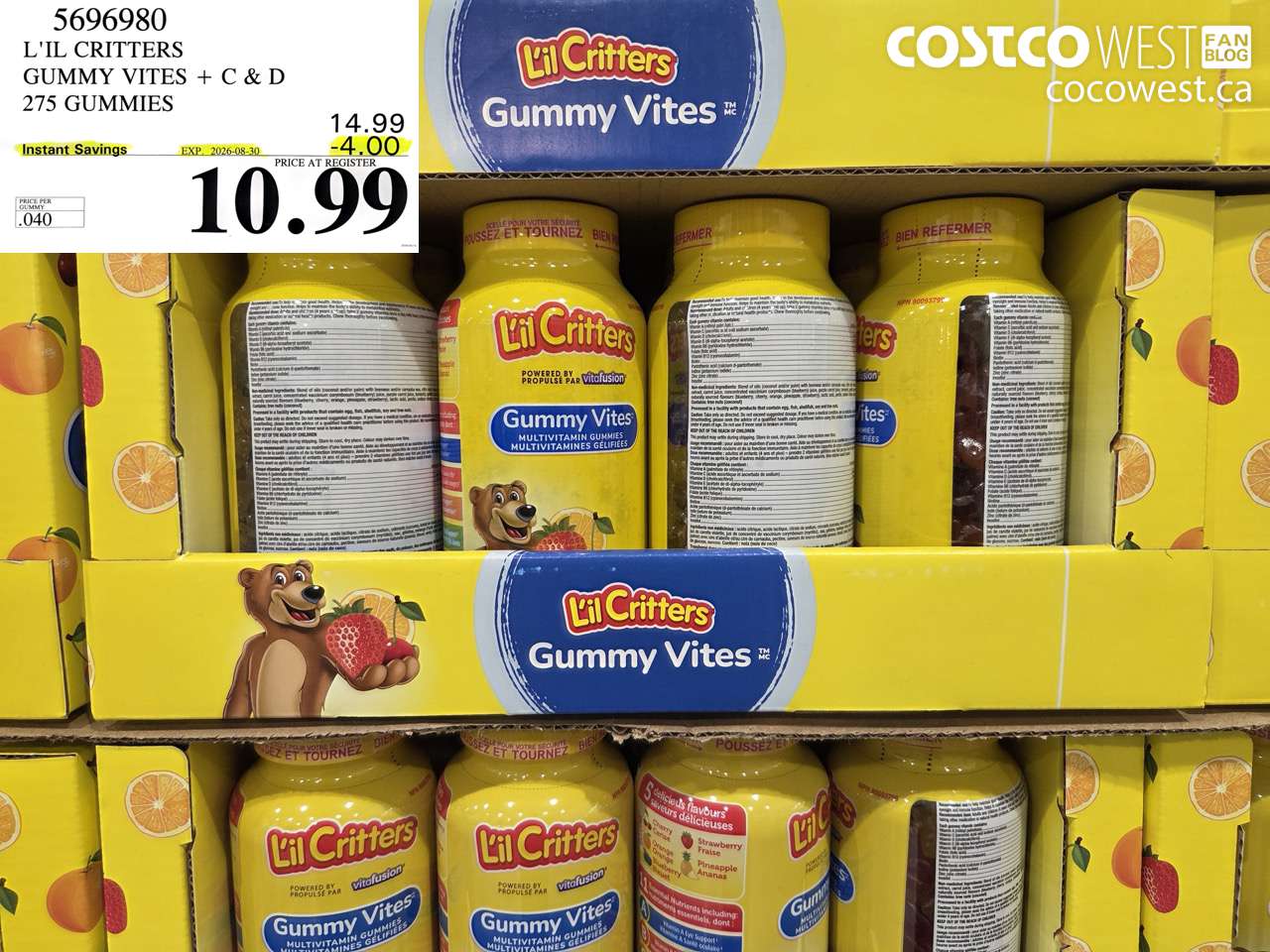 5696980 L'L CRITTERS GUMMY VITES + C & D 275 GUMMIES ($4.00 INSTANT SAVINGS EXPIRES ON 2026-08-30) $10.99