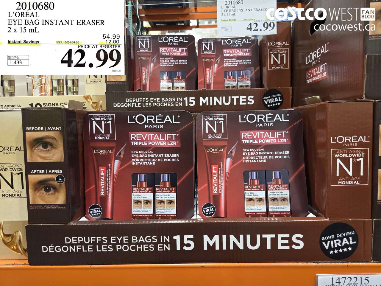 2010680 L'ORÉAL EYE BAG INSTANT ERASER 2 X 15 ML ($12.00 INSTANT SAVINGS EXPIRES ON 2026-08-30) $42.99