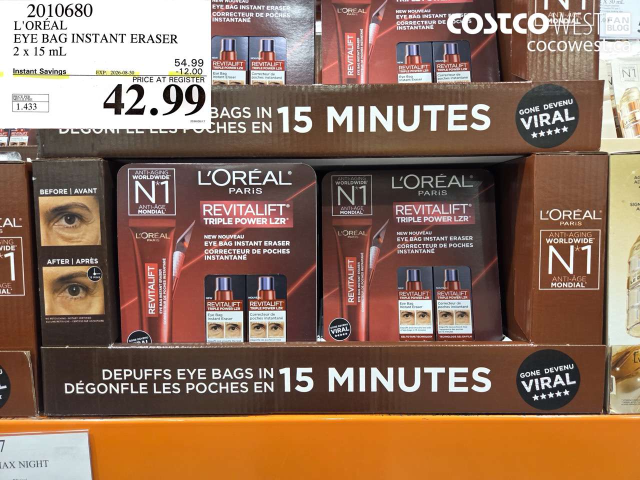 2010680 L'ORÉAL EYE BAG INSTANT ERASER 2 X 15 ML ($12.00 INSTANT SAVINGS EXPIRES ON 2026-08-30) $42.99
