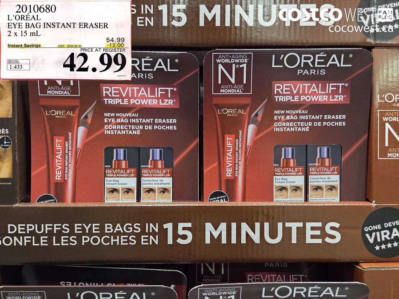 2010680 L'ORÉAL EYE BAG INSTANT ERASER 2 X 15 ML ($12.00 INSTANT SAVINGS EXPIRES ON 2026-08-30) $42.99
