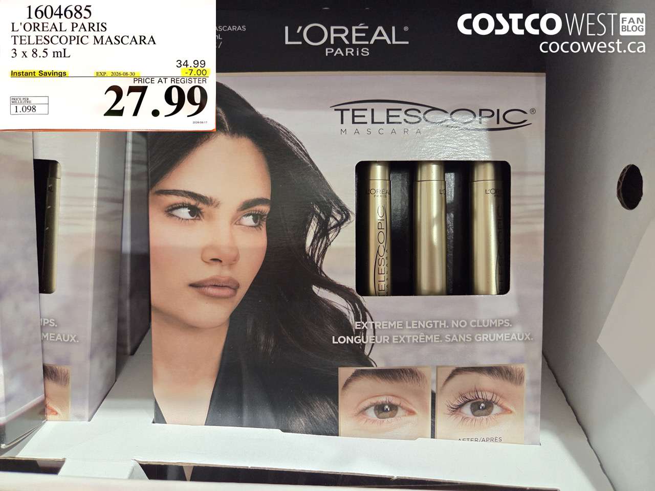 1604685 L'OREAL PARIS TELESCOPIC MASCARA 3 X 8.5 ML ($7.00 INSTANT SAVINGS EXPIRES ON 2026-08-30) $27.99