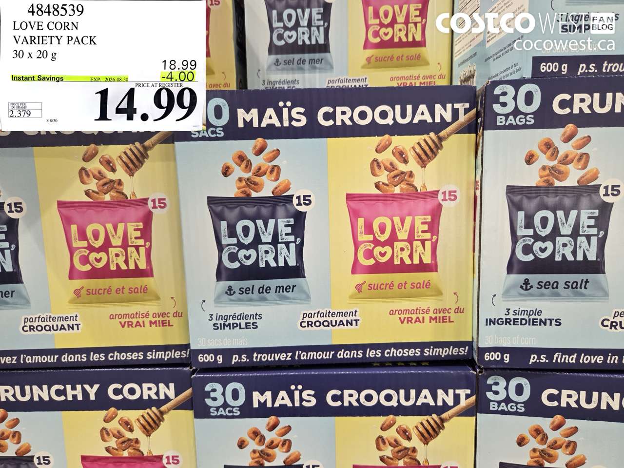 4848539 LOVE CORN VARIETY PACK 30 X 20 G ($4.00 INSTANT SAVINGS EXPIRES ON 2026-08-30) $14.99