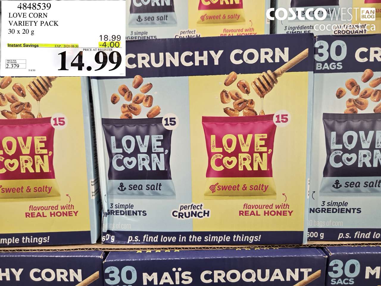 4848539 LOVE CORN VARIETY PACK 30 X 20 G ($4.00 INSTANT SAVINGS EXPIRES ON 2026-08-30) $14.99