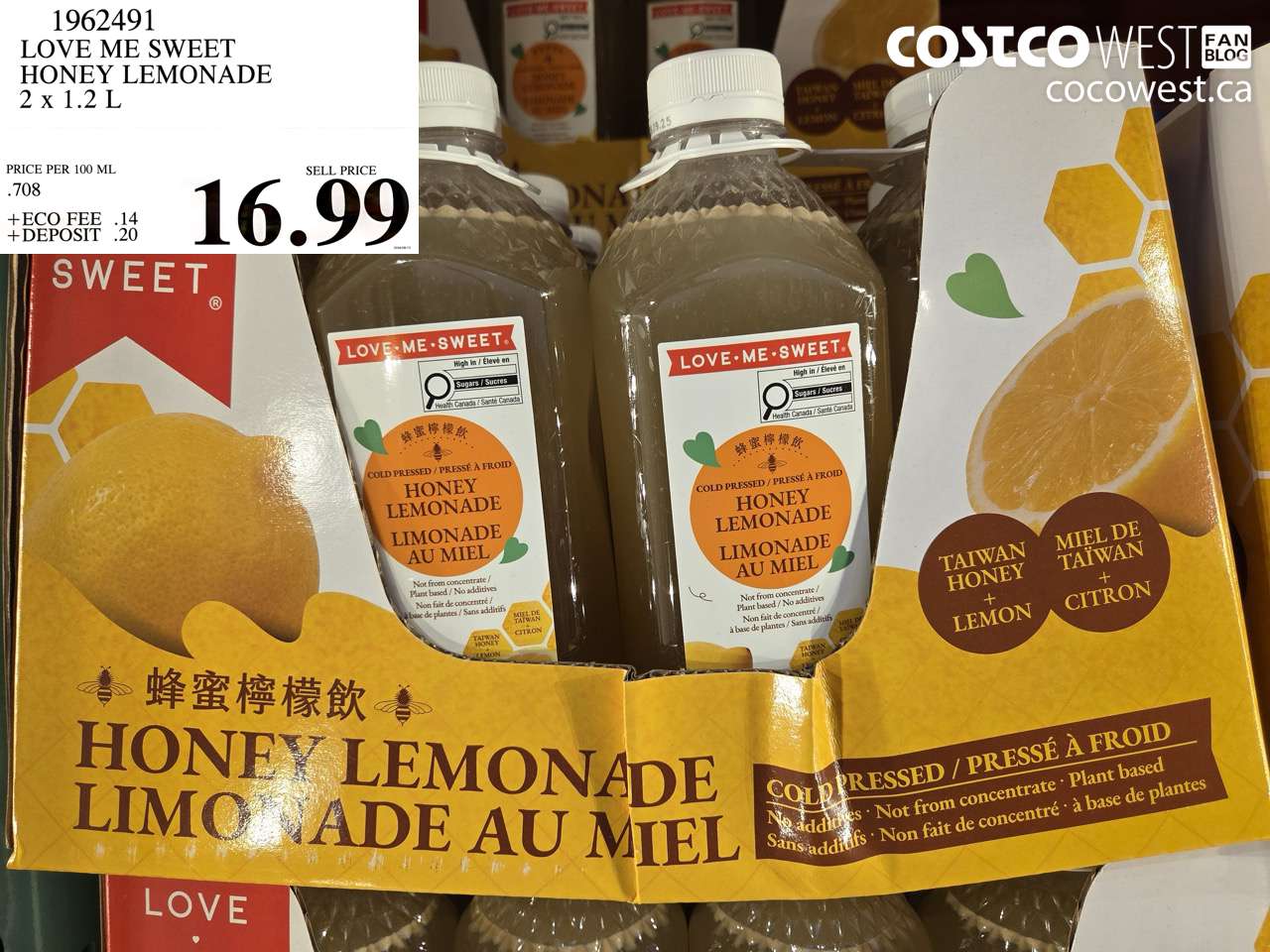 1962491 LOVE ME SWEET HONEY LEMONADE 2 X 1.2 L $16.99