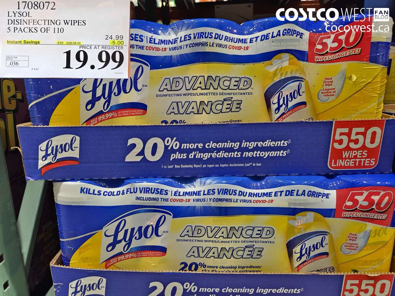1708072 LYSOL DISINFECTING WIPES 5 PACKS OF 110 ($5.00 INSTANT SAVINGS EXPIRES ON 2026-08-05) $19.99