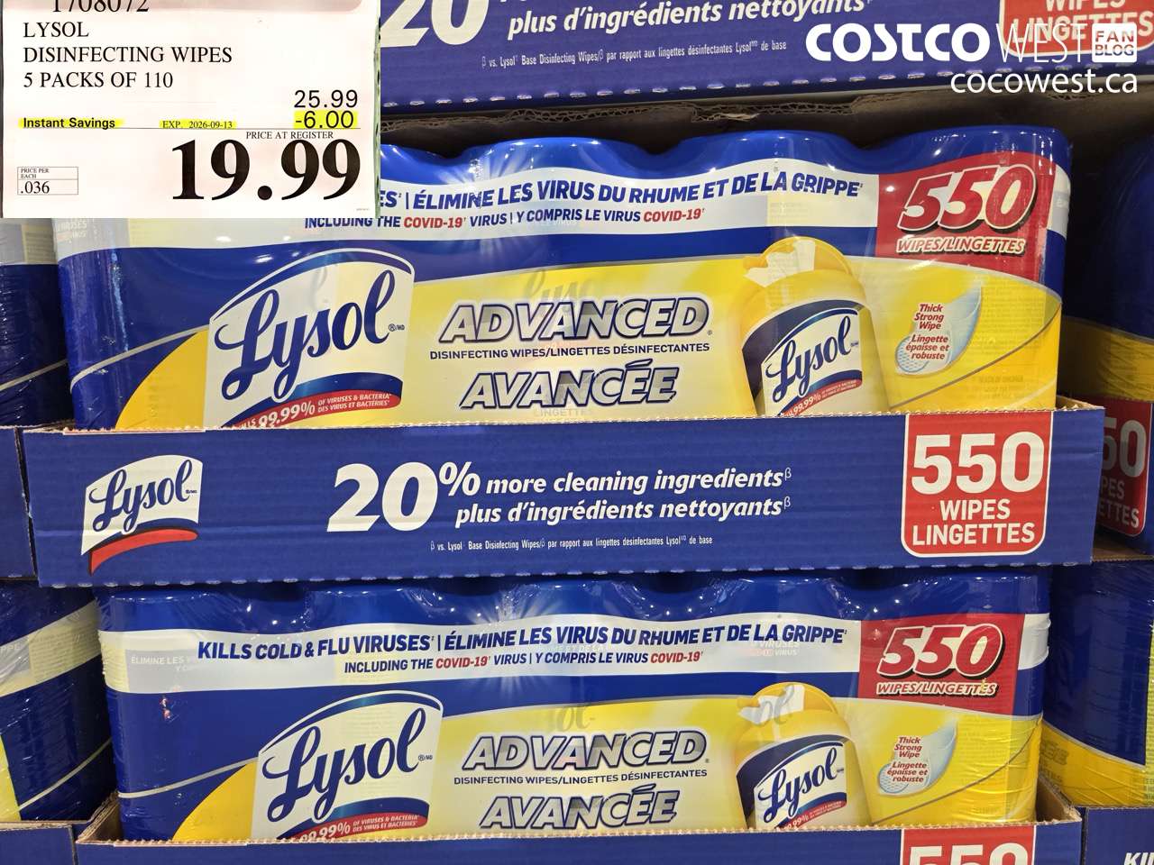 1708072 LYSOL DISINFECTING WIPES 5 PACKS OF 110 ($6.00 INSTANT SAVINGS EXPIRES ON 2026-09-13) $19.99