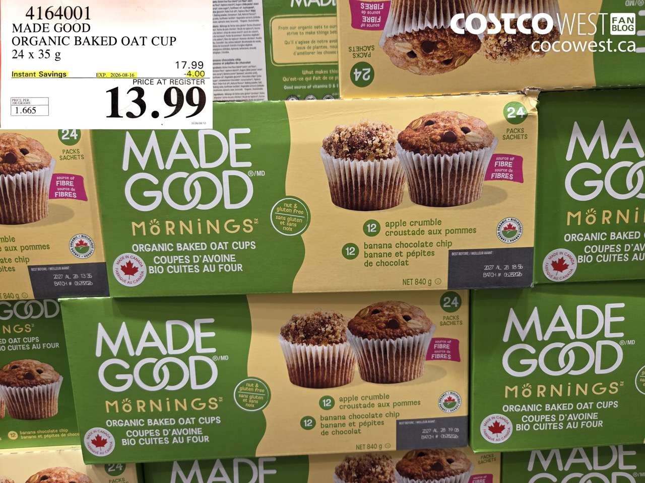 4164001 MADE GOOD ORGANIC BAKED OAT CUP 24 X 35 G ($4.00 INSTANT SAVINGS EXPIRES ON 2026-08-16) $13.99