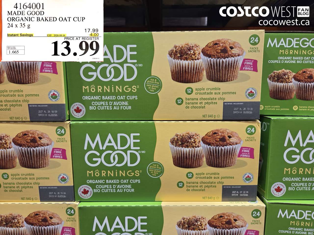 4164001 MADE GOOD ORGANIC BAKED OAT CUP 24 X 35 G ($4.00 INSTANT SAVINGS EXPIRES ON 2026-08-16) $13.99