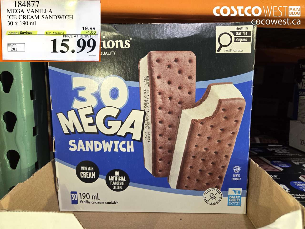 184877 MEGA VANILLA ICE CREAM SANDWICH 30 X 190 ML ($4.00 INSTANT SAVINGS EXPIRES ON 2026-08-30) $15.99