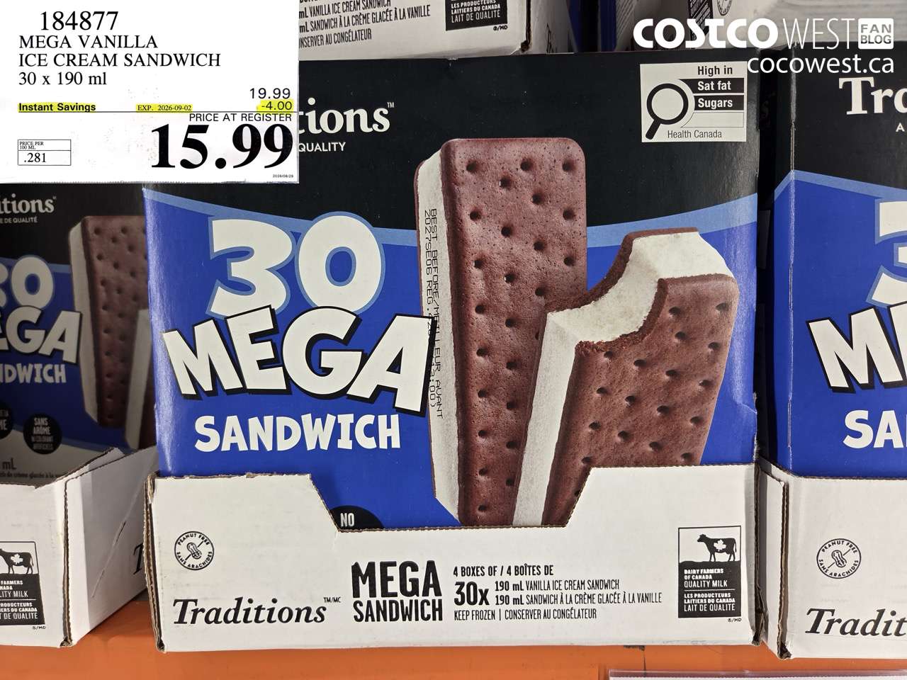 184877 MEGA VANILLA ICE CREAM SANDWICH 30 X 190 ML ($4.00 INSTANT SAVINGS EXPIRES ON 2026-09-02) $15.99