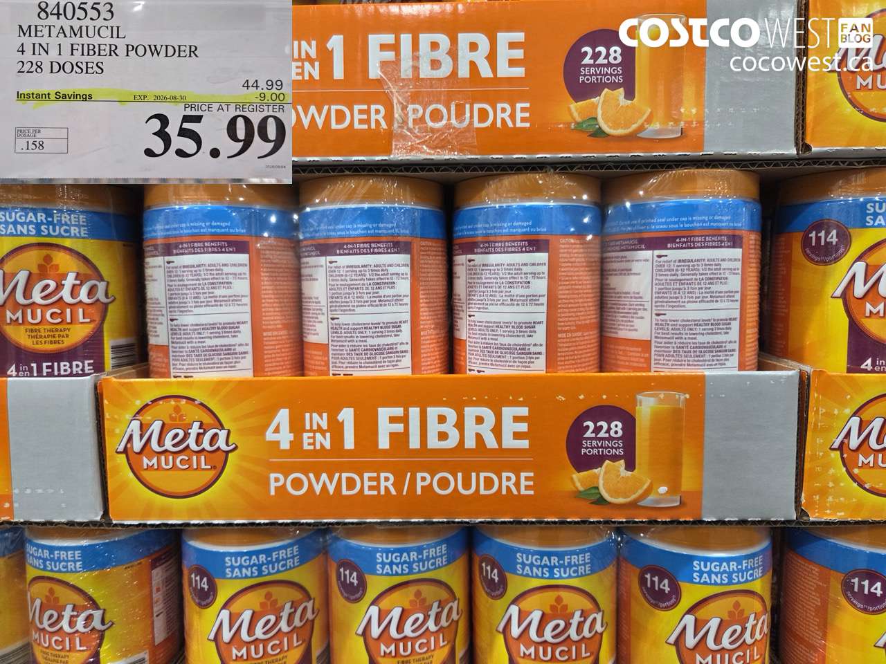 840553 METAMUCIL 4 IN 1 FIBER POWDER 228 DOSES ($9.00 INSTANT SAVINGS EXPIRES ON 2026-08-30) $35.99