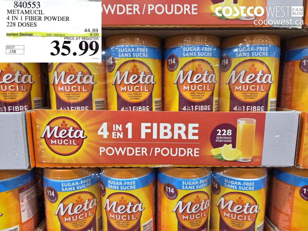 840553 METAMUCIL 4 IN 1 FIBER POWDER 228 DOSES ($9.00 INSTANT SAVINGS EXPIRES ON 2026-08-30) $35.99