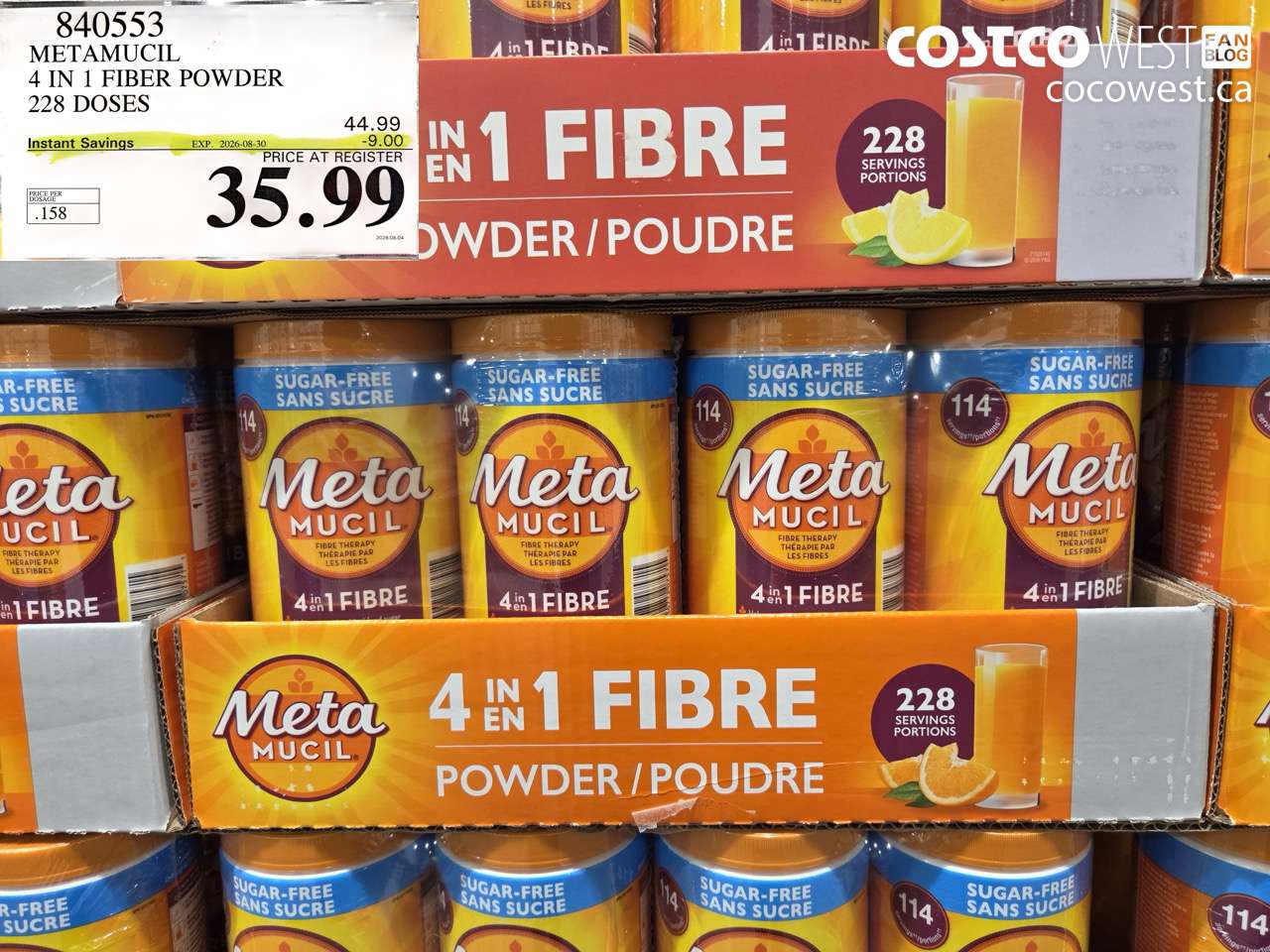 840553 METAMUCIL 4 IN 1 FIBER POWDER 228 DOSES ($9.00 INSTANT SAVINGS EXPIRES ON 2026-08-30) $35.99