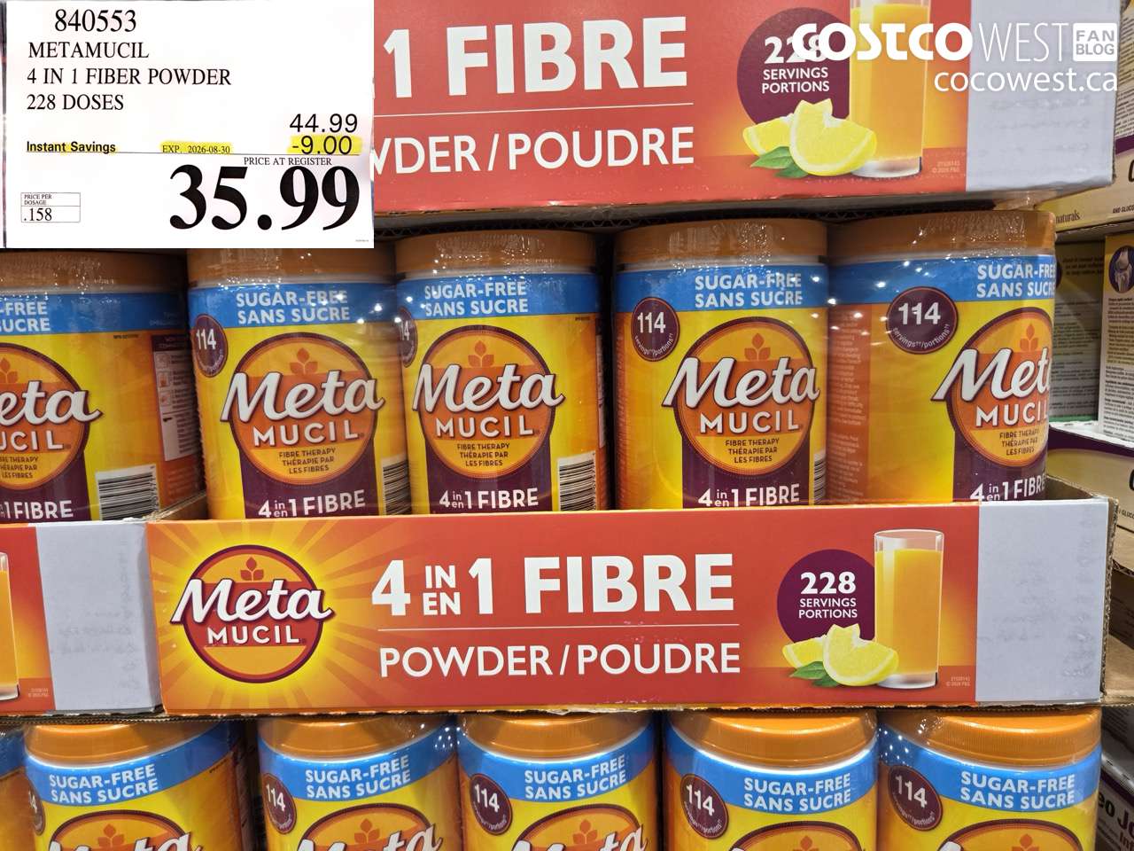 840553 METAMUCIL 4 IN 1 FIBER POWDER 228 DOSES ($9.00 INSTANT SAVINGS EXPIRES ON 2026-08-30) $35.99