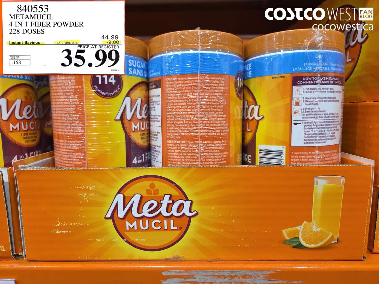 840553 METAMUCIL 4 IN 1 FIBER POWDER 228 DOSES ($9.00 INSTANT SAVINGS EXPIRES ON 2026-08-30) $35.99