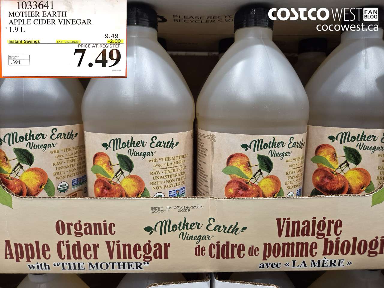 1033641 MOTHER EARTH APPLE CIDER VINEGAR 1.9 L ($2.00 INSTANT SAVINGS EXPIRES ON 2026-09-06) $7.49