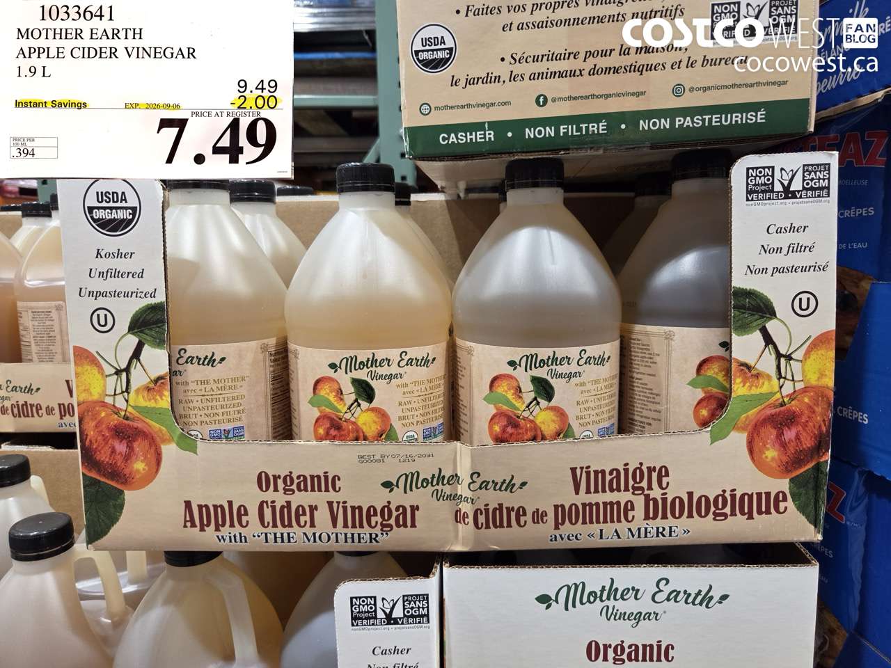 1033641 MOTHER EARTH APPLE CIDER VINEGAR 1.9 L ($2.00 INSTANT SAVINGS EXPIRES ON 2026-09-06) $7.49