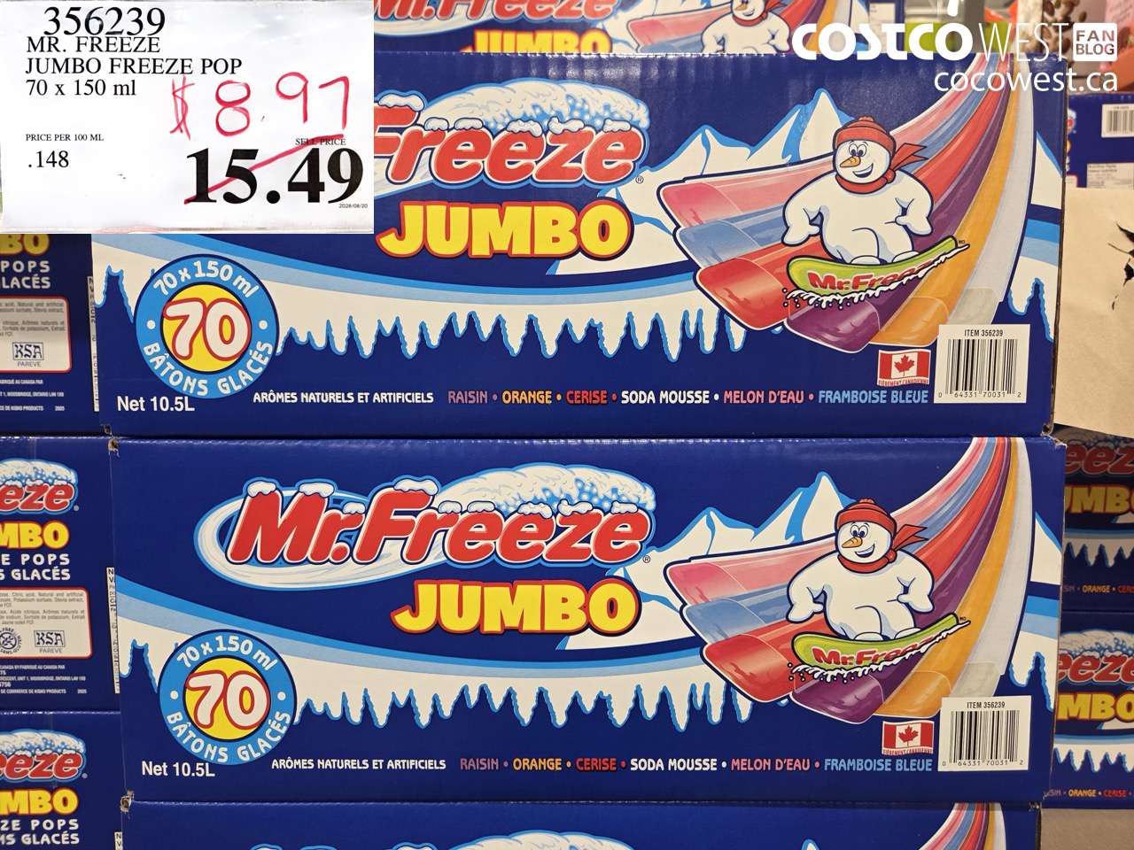 356239 MR. FREEZE JUMBO FREEZE POP 70 X 150 ML $8.97