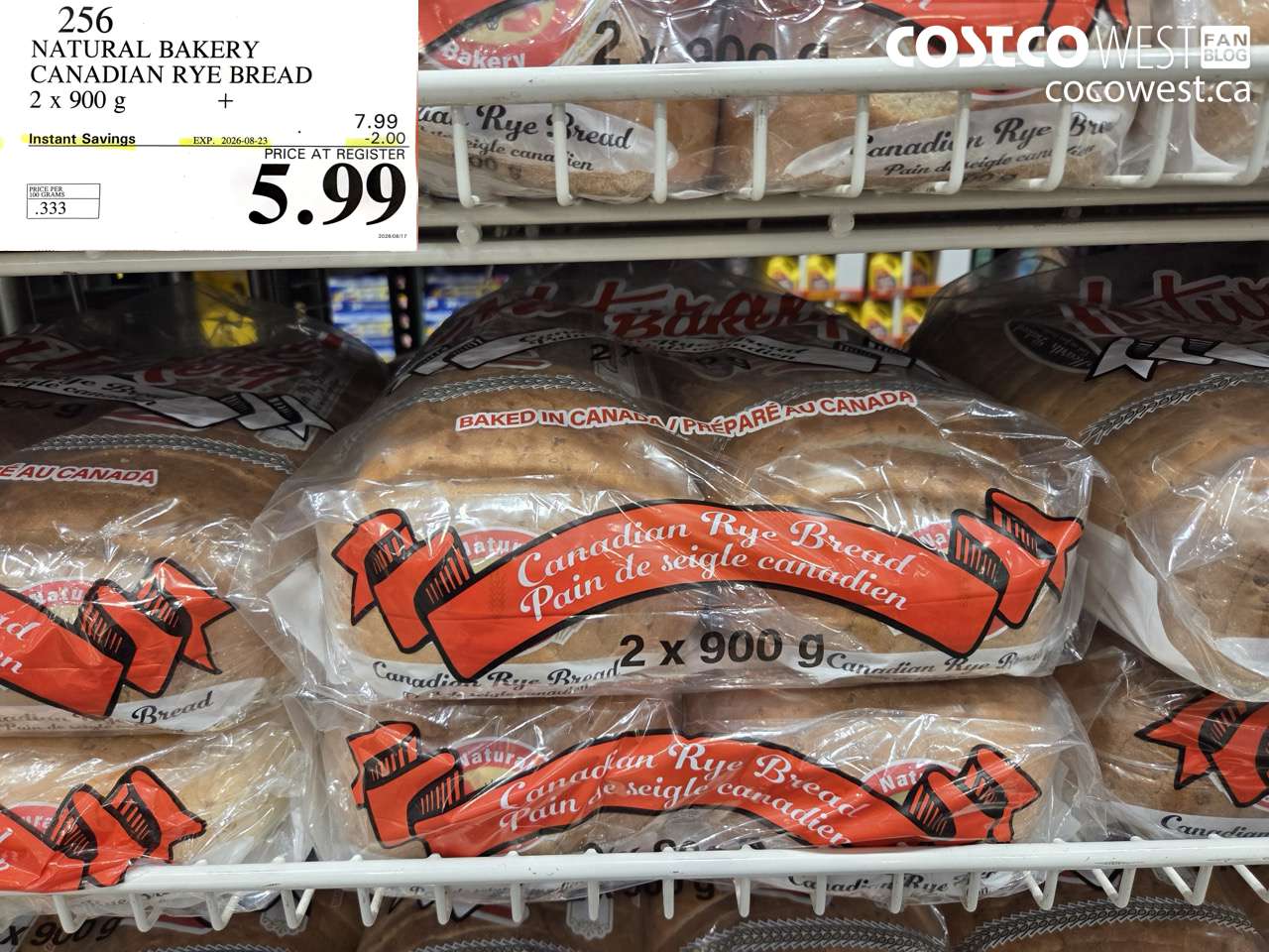 256 NATURAL BAKERY CANADIAN RYE BREAD 2 X 900 G ($2.00 INSTANT SAVINGS EXPIRES ON 2026-08-23) $5.99