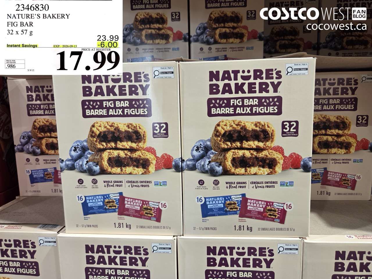 2346830 NATURE'S BAKERY FIG BAR 32 X 57 G ($6.00 INSTANT SAVINGS EXPIRES ON 2026-09-13) $17.99