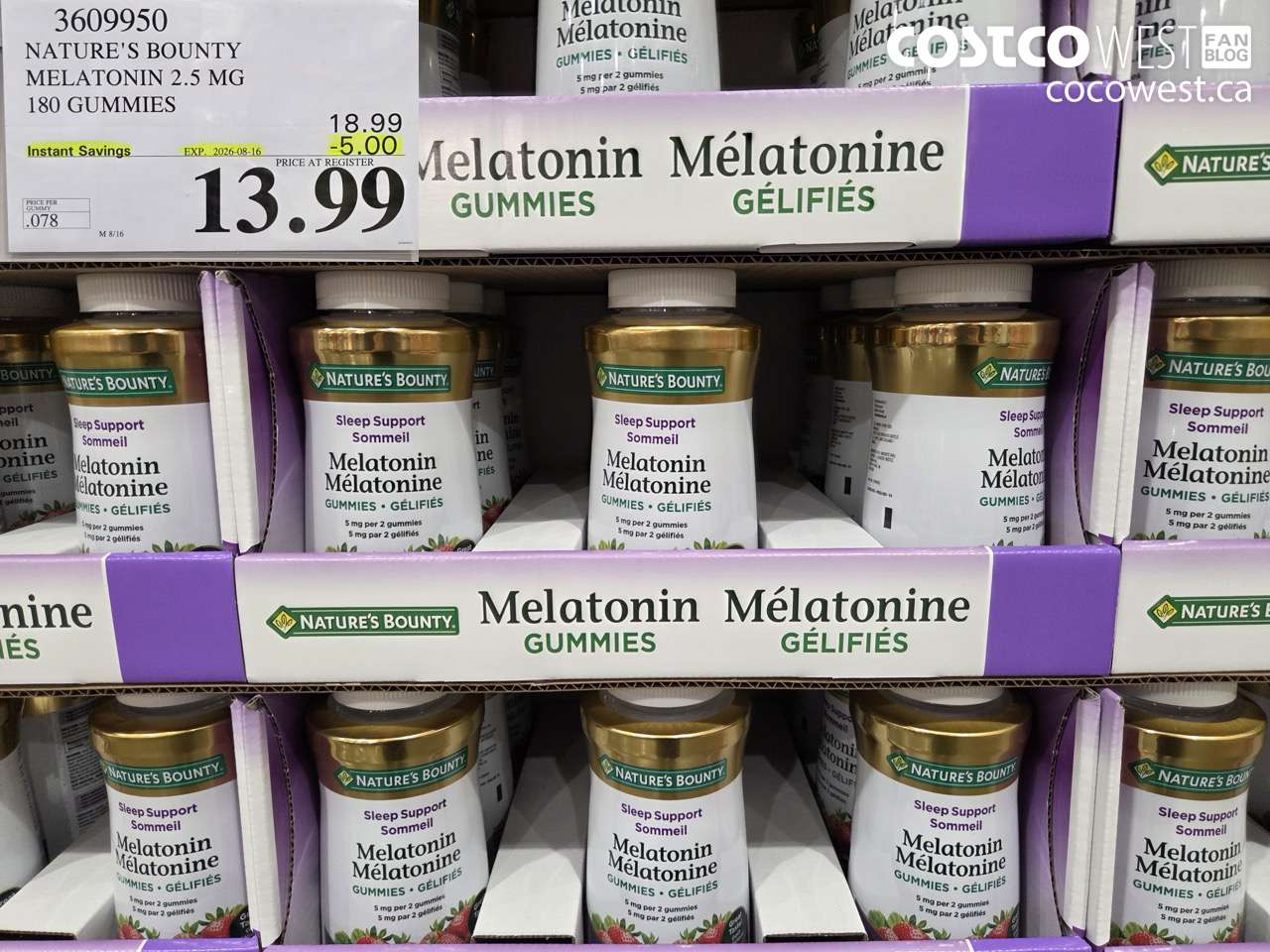 3609950 NATURE'S BOUNTY MELATONIN 2.5 MG 180 GUMMIES ($5.00 INSTANT SAVINGS EXPIRES ON 2026-08-16) $13.99