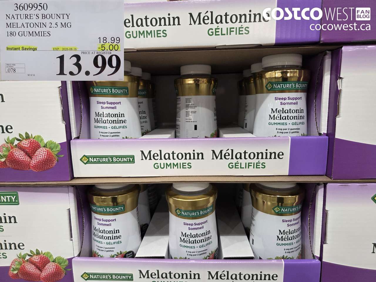 3609950 NATURE'S BOUNTY MELATONIN 2.5 MG 180 GUMMIES ($5.00 INSTANT SAVINGS EXPIRES ON 2026-08-16) $13.99
