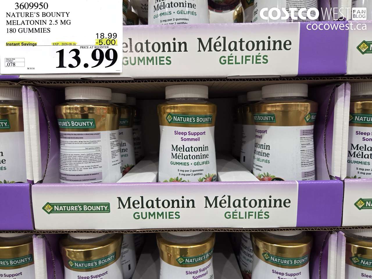 3609950 NATURE'S BOUNTY MELATONIN 2.5 MG 180 GUMMIES ($5.00 INSTANT SAVINGS EXPIRES ON 2026-08-16) $13.99