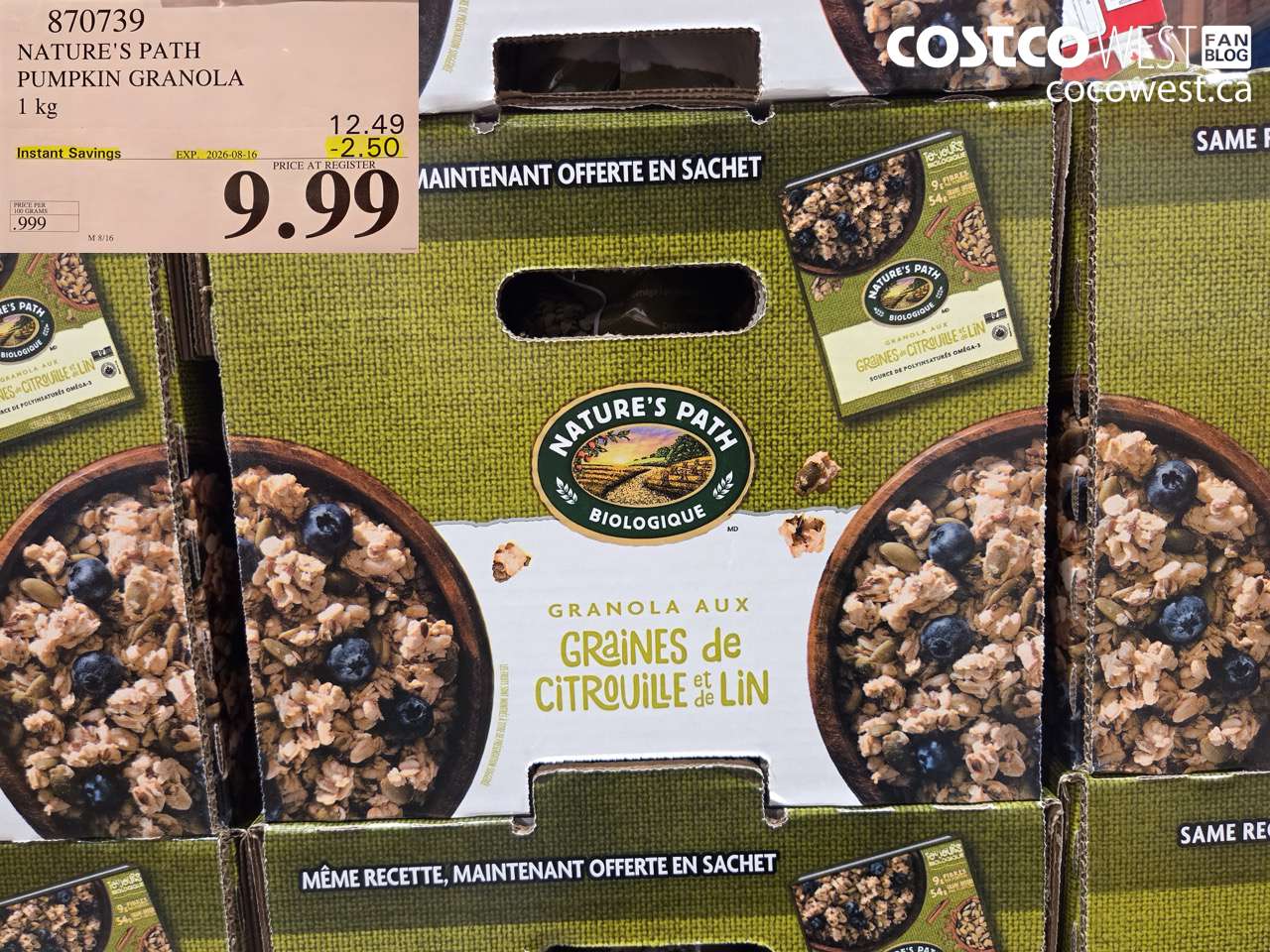 870739 NATURE'S PATH PUMPKIN GRANOLA 1 KG ($2.50 INSTANT SAVINGS EXPIRES ON 2026-08-16) $9.99