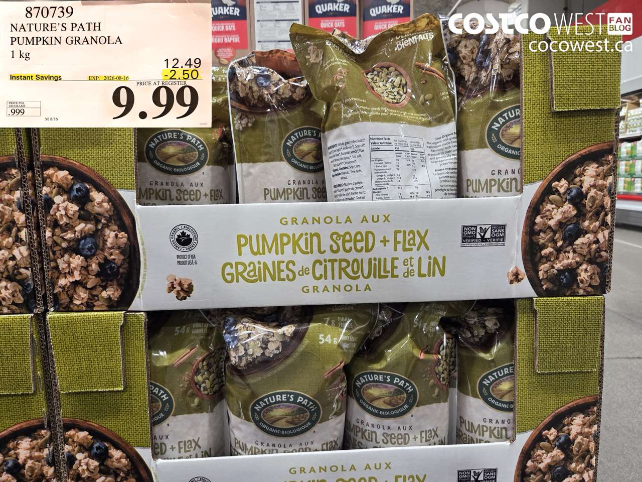 870739 NATURE'S PATH PUMPKIN GRANOLA 1 KG ($2.50 INSTANT SAVINGS EXPIRES ON 2026-08-16) $9.99