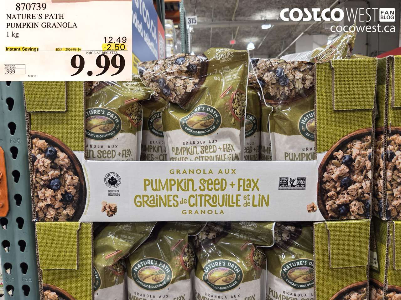 870739 NATURE'S PATH PUMPKIN GRANOLA 1 KG ($2.50 INSTANT SAVINGS EXPIRES ON 2026-08-16) $9.99