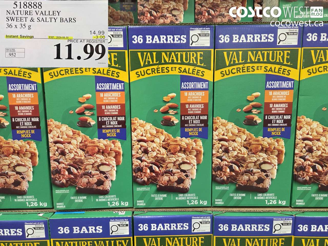 518888 NATURE VALLEY SWEET & SALTY BARS 36 X 35 G ($3.00 INSTANT SAVINGS EXPIRES ON 2026-08-30) $11.99