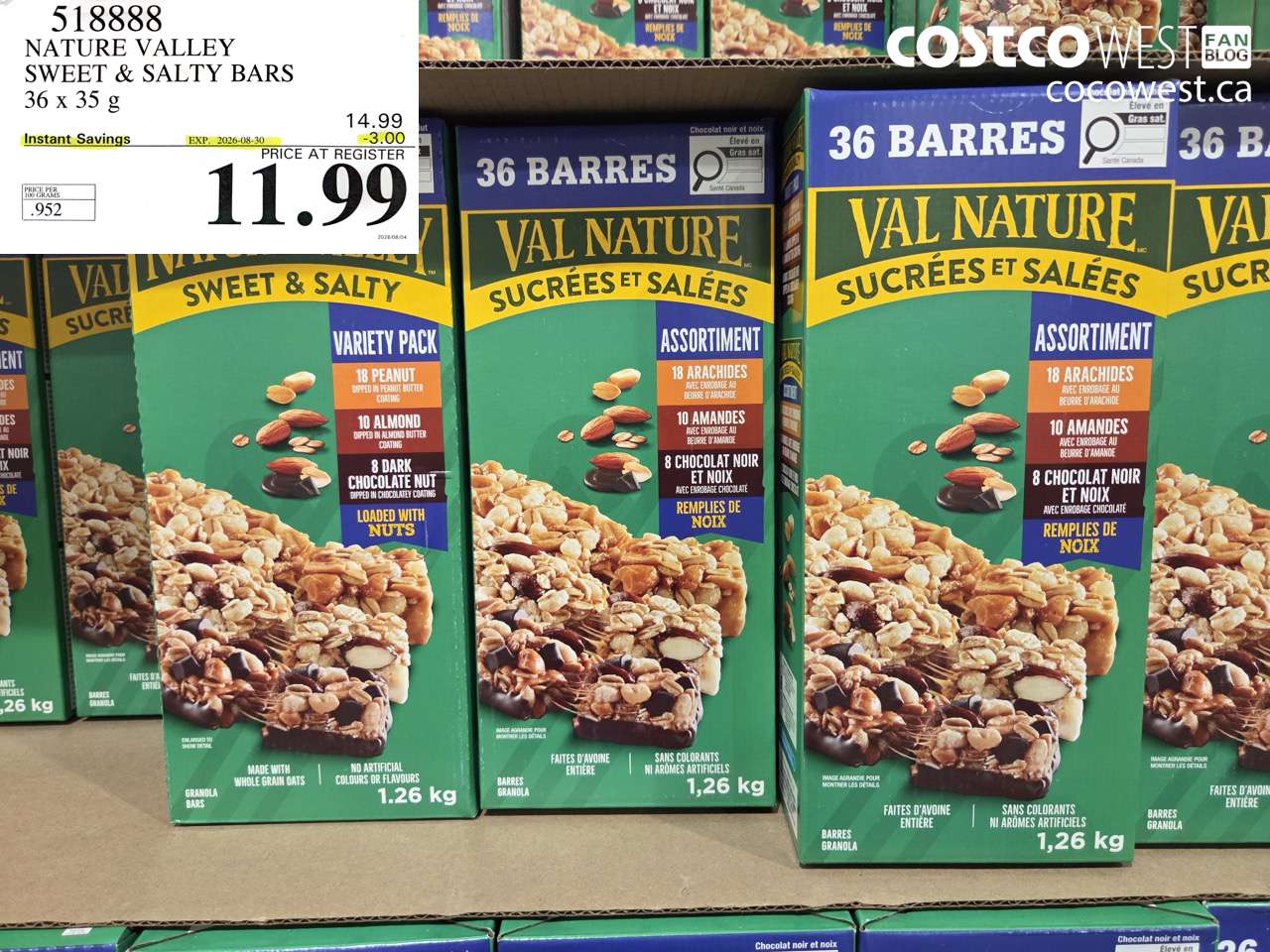 518888 NATURE VALLEY SWEET & SALTY BARS 36 X 35 G ($3.00 INSTANT SAVINGS EXPIRES ON 2026-08-30) $11.99