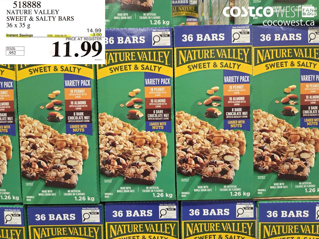 518888 NATURE VALLEY SWEET & SALTY BARS 36 X 35 G ($3.00 INSTANT SAVINGS EXPIRES ON 2026-08-30) $11.99