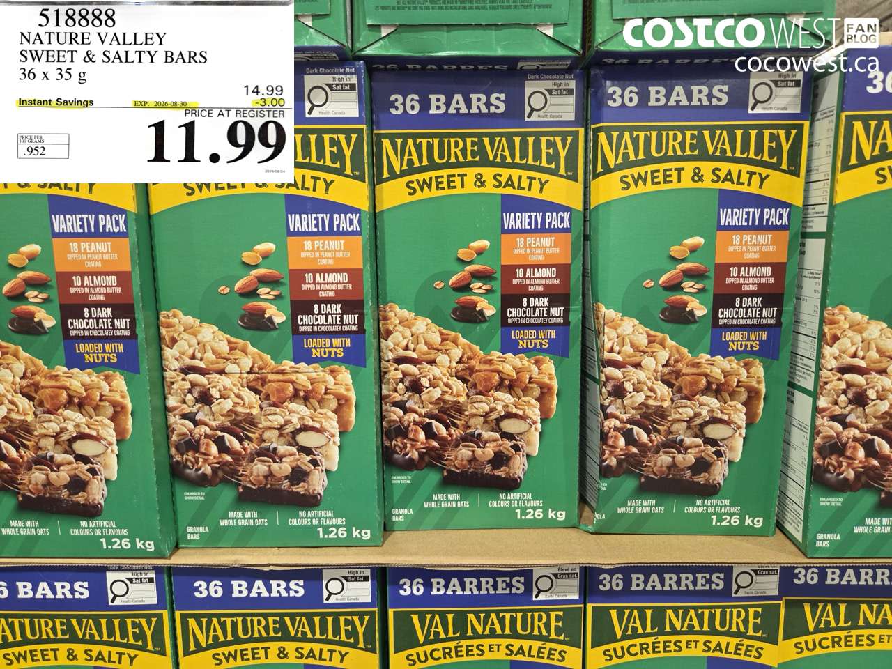 518888 NATURE VALLEY SWEET & SALTY BARS 36 X 35 G ($3.00 INSTANT SAVINGS EXPIRES ON 2026-08-30) $11.99
