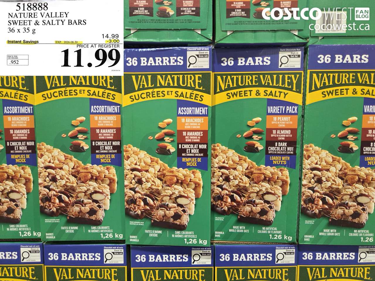 518888 NATURE VALLEY SWEET & SALTY BARS 36 X 35 G ($3.00 INSTANT SAVINGS EXPIRES ON 2026-08-30) $11.99
