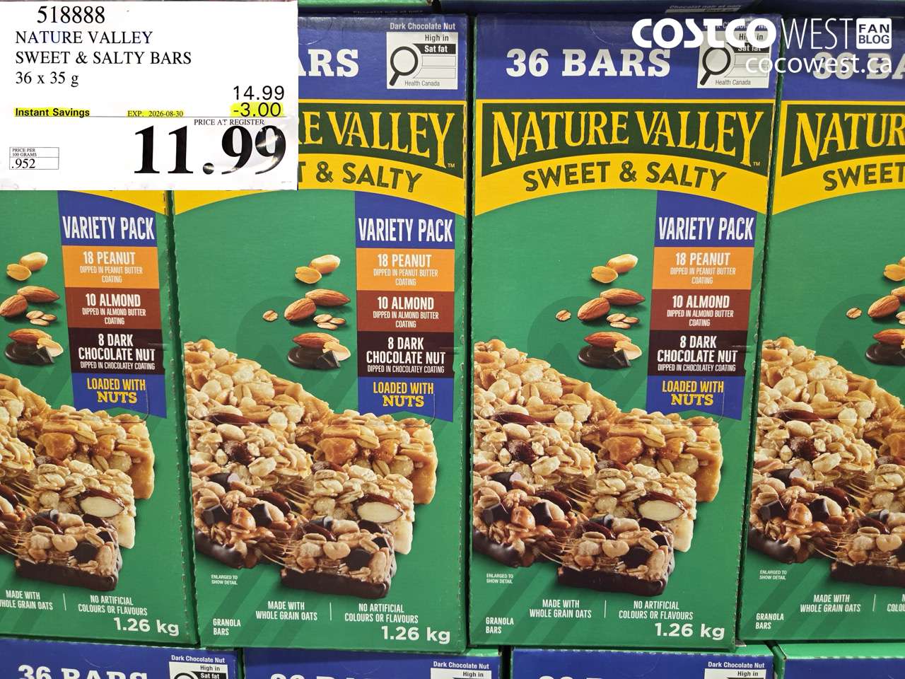 518888 NATURE VALLEY SWEET & SALTY BARS 36 X 35 G ($3.00 INSTANT SAVINGS EXPIRES ON 2026-08-30) $11.99