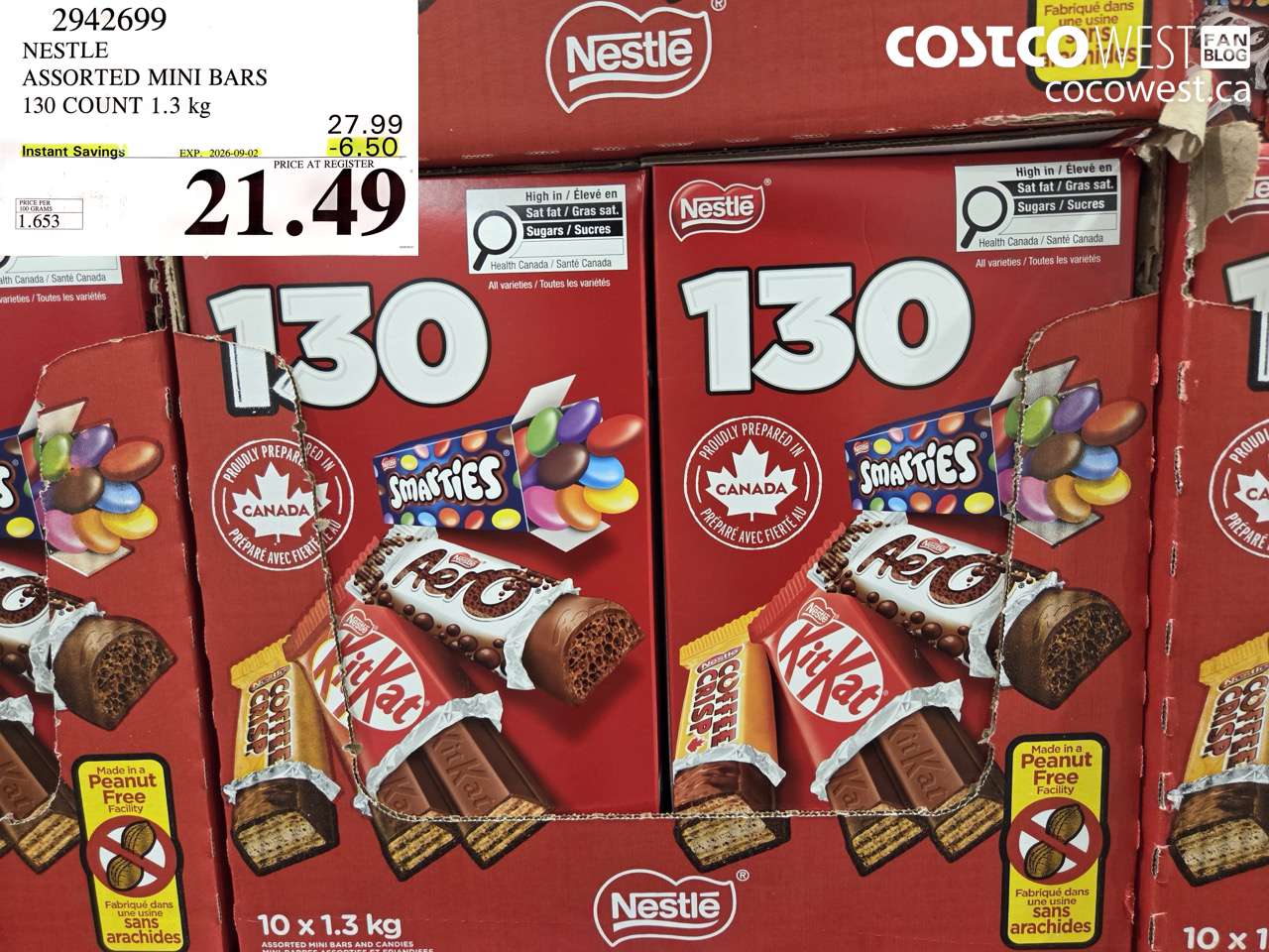 2942699 NESTLE ASSORTED MINI BARS 130 COUNT 1.3 KG ($6.50 INSTANT SAVINGS EXPIRES ON 2026-09-02) $21.49