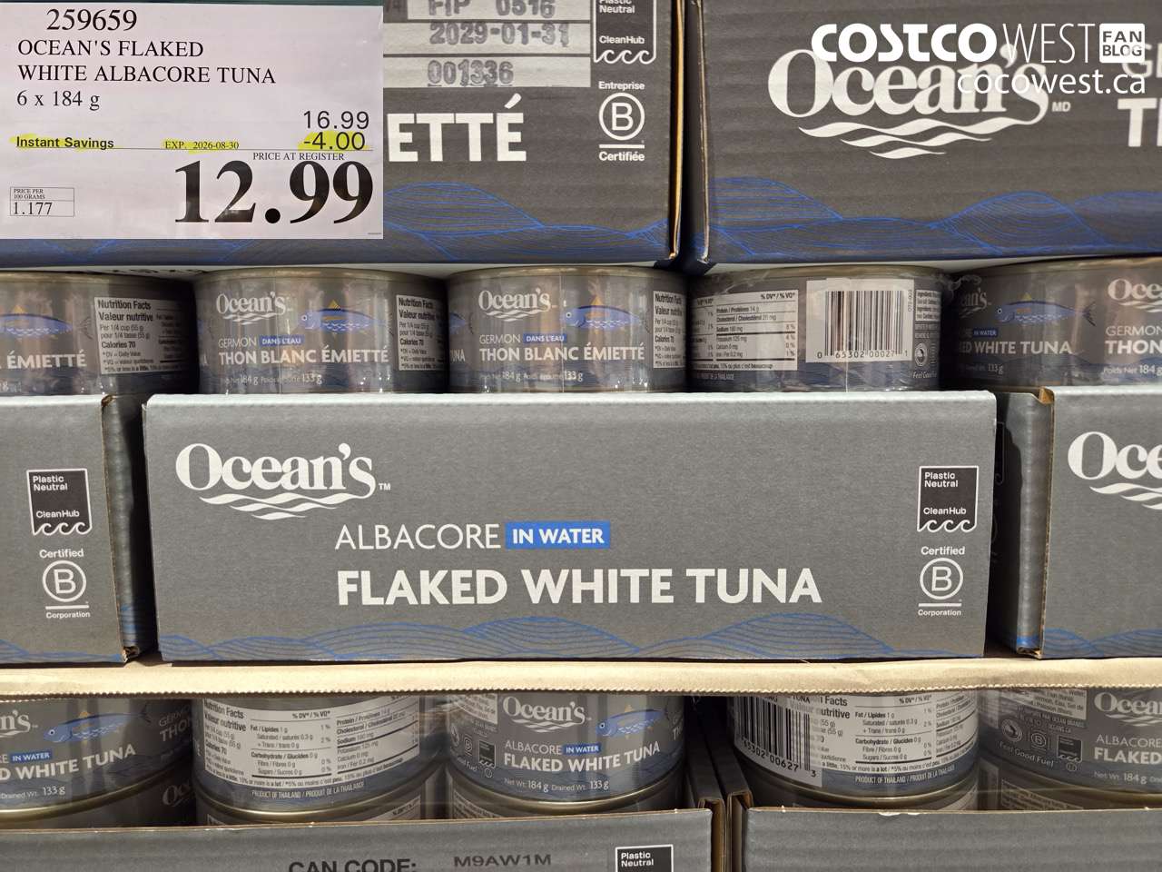 259659 OCEAN'S FLAKED WHITE ALBACORE TUNA 6 X 184 G ($4.00 INSTANT SAVINGS EXPIRES ON 2026-08-30) $12.99