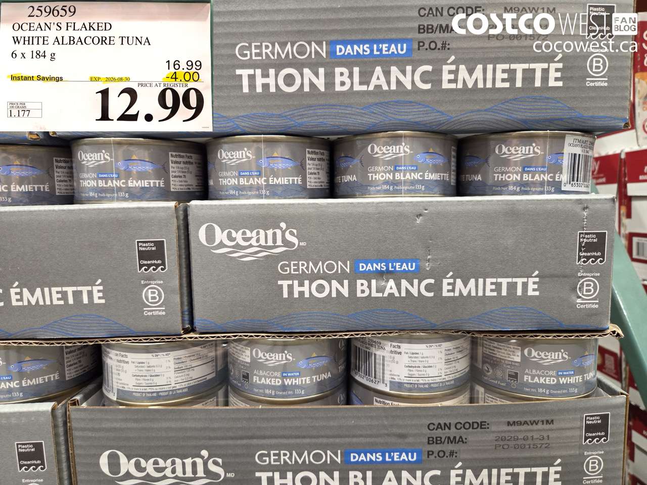 259659 OCEAN'S FLAKED WHITE ALBACORE TUNA 6 X 184 G ($4.00 INSTANT SAVINGS EXPIRES ON 2026-08-30) $12.99