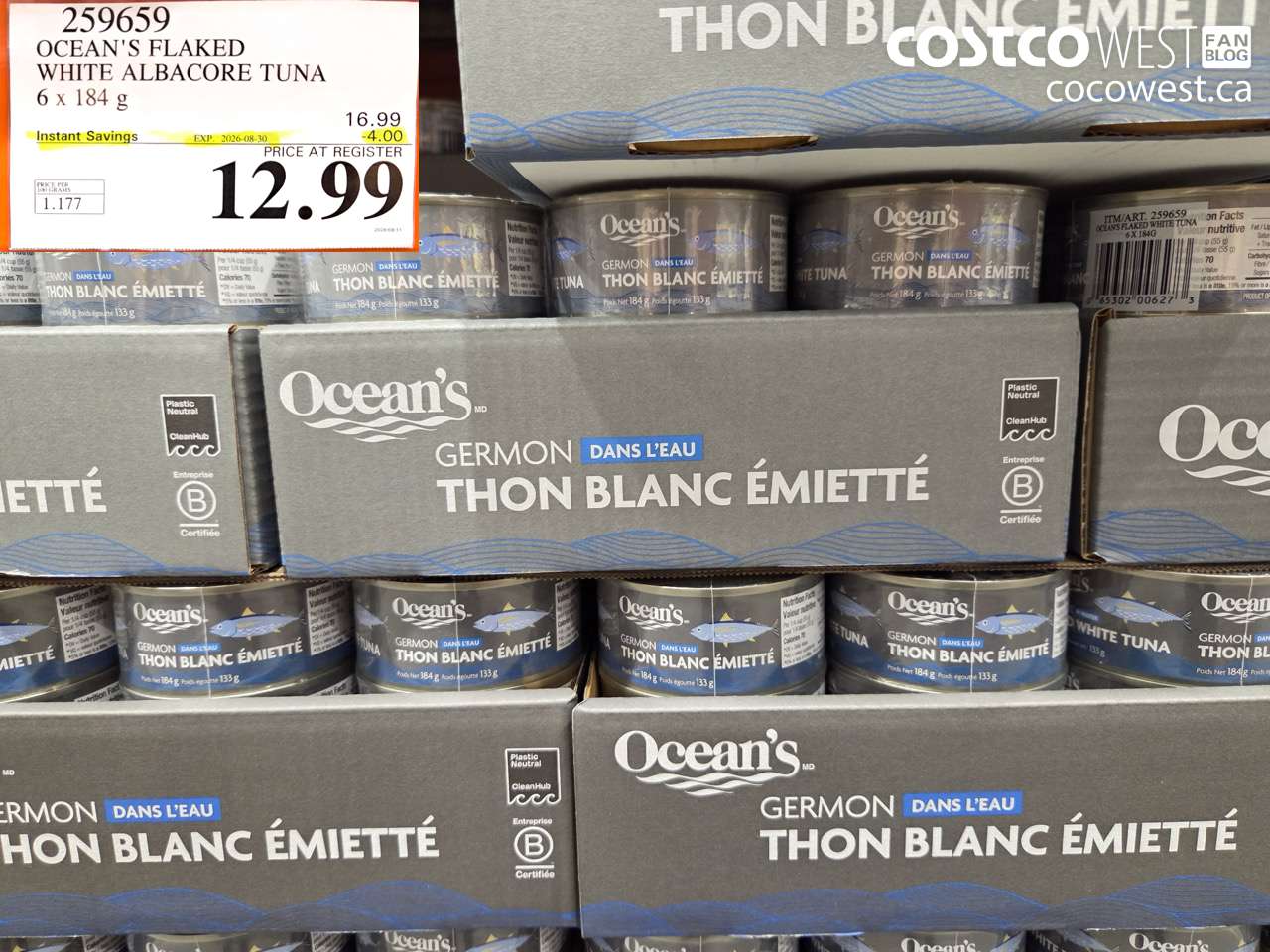 259659 OCEAN'S FLAKED WHITE ALBACORE TUNA 6 X 184 G ($4.00 INSTANT SAVINGS EXPIRES ON 2026-08-30) $12.99