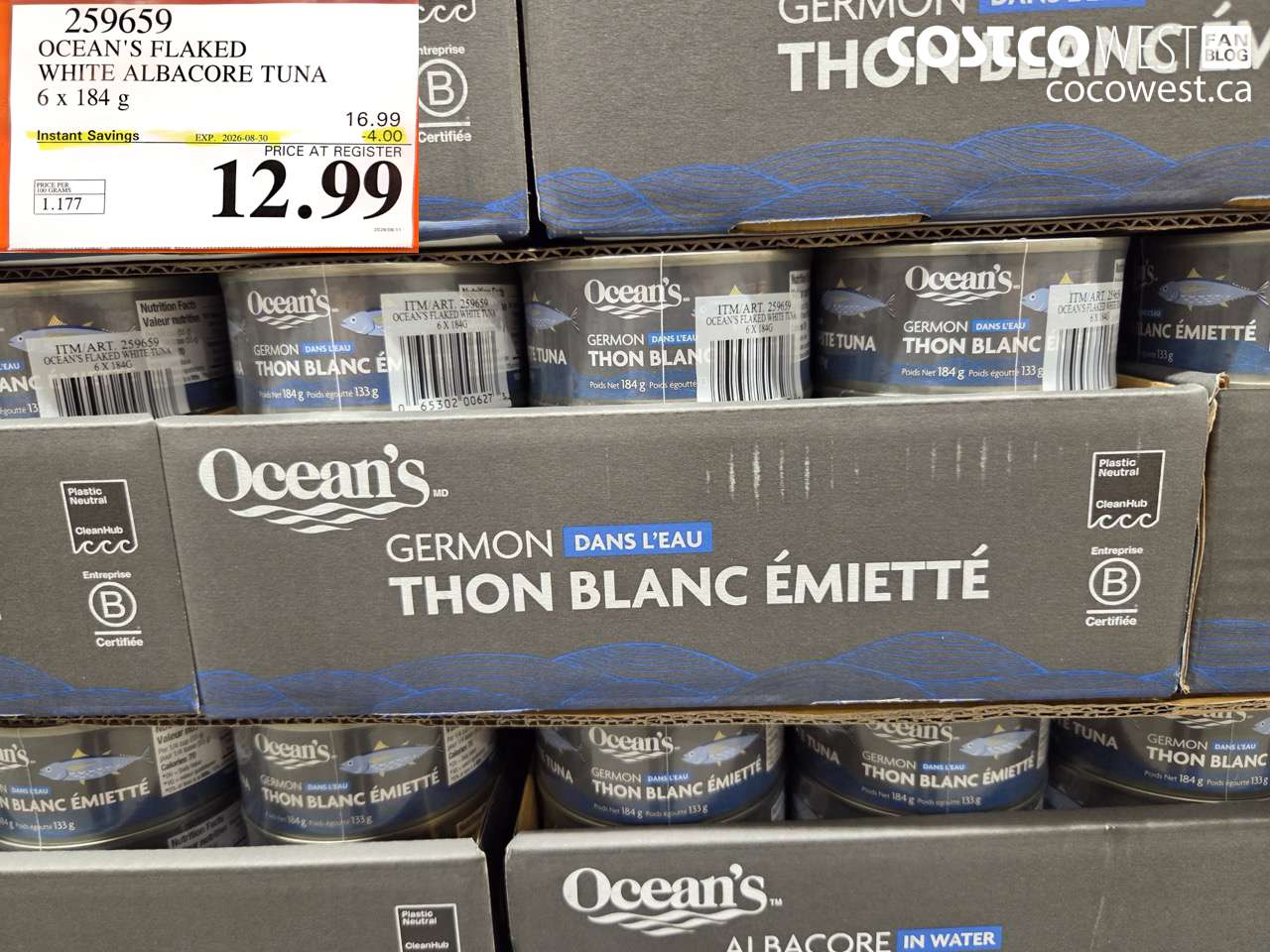 259659 OCEAN'S FLAKED WHITE ALBACORE TUNA 6 X 184 G ($4.00 INSTANT SAVINGS EXPIRES ON 2026-08-30) $12.99