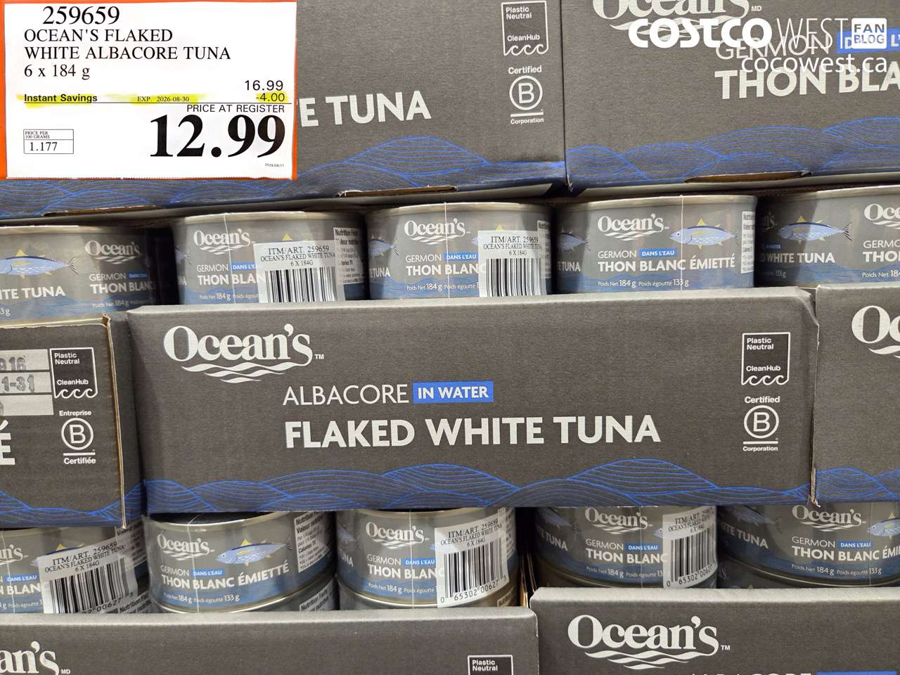 259659 OCEAN'S FLAKED WHITE ALBACORE TUNA 6 X 184 G ($4.00 INSTANT SAVINGS EXPIRES ON 2026-08-30) $12.99