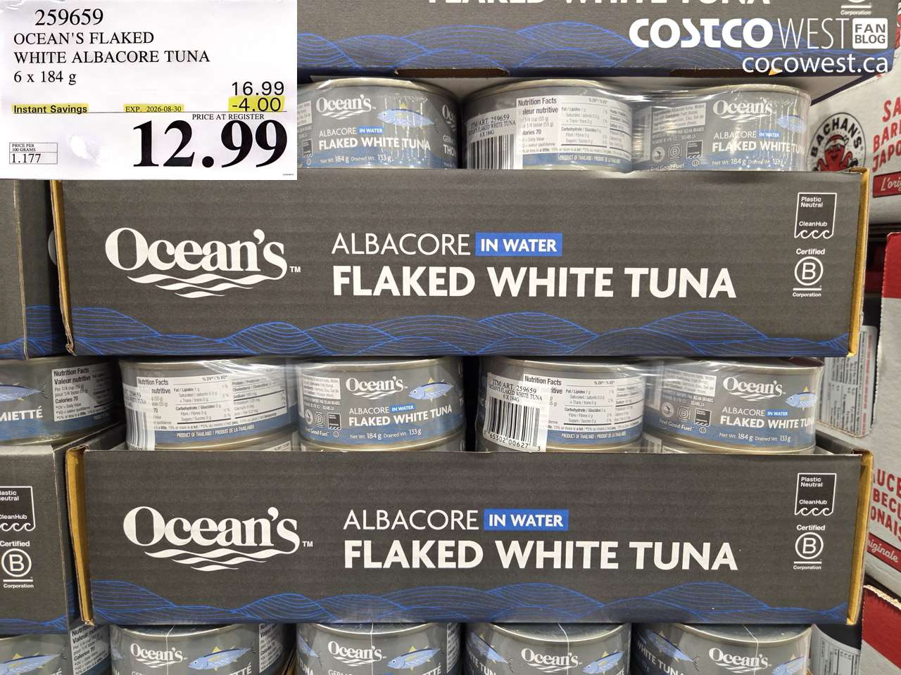 259659 OCEAN'S FLAKED WHITE ALBACORE TUNA 6 X 184 G ($4.00 INSTANT SAVINGS EXPIRES ON 2026-08-30) $12.99