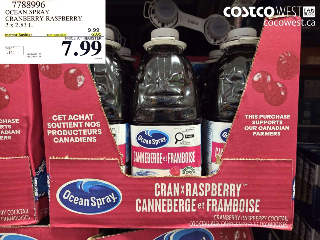 7788996 OCEAN SPRAY CRANBERRY RASPBERRY 2 X 2.83 L ($2.00 INSTANT SAVINGS EXPIRES ON 2026-08-30) $7.99